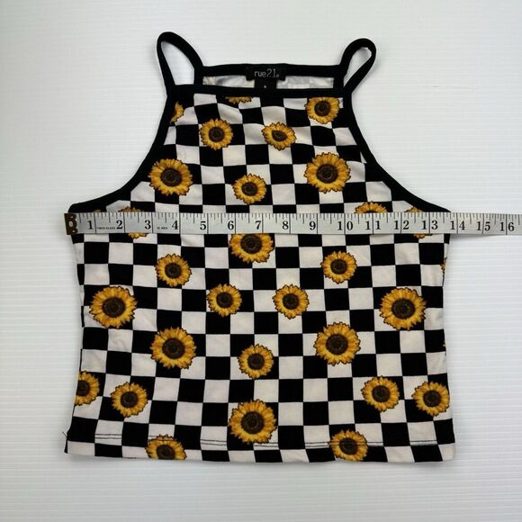 Rue 21 Crop Tank Top Size Small Black White Checkered Sunflowers Y2K - Picture 5 of 6